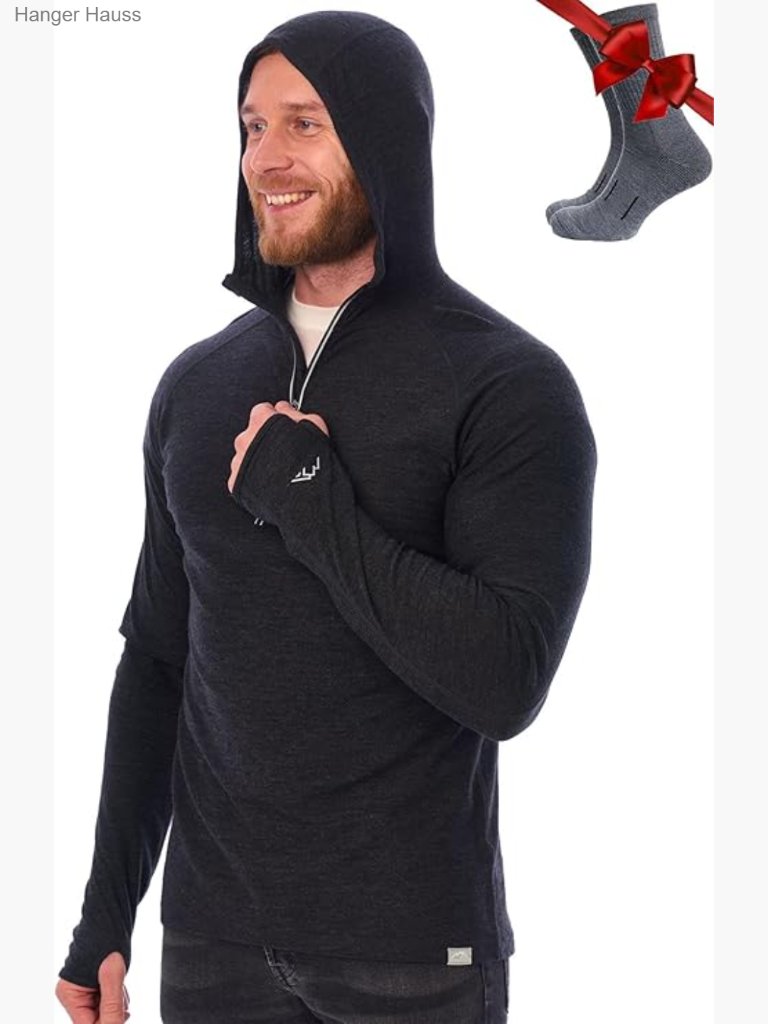 Men's Merino Wool Half Zip Hoodie Slim Fit Thermal Base Layer Long Sleeve Shirt